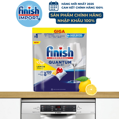 Túi 100 viên rửa chén Finish Quantum All in 1 (14x tính năng trong 1 viên công thức mới – Hương Chanh) – (Dành cho máy rửa chén 10-12-13 bộ).